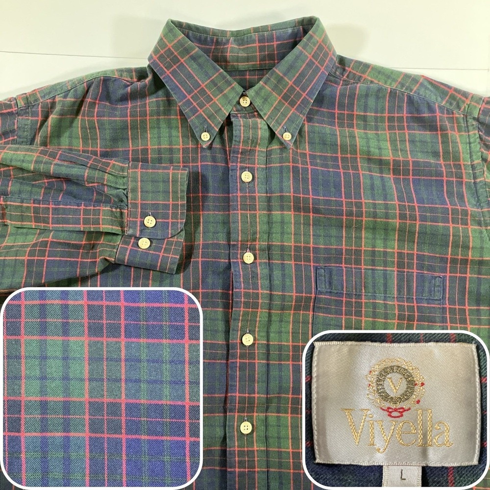 Viyella Shirt Mens Large Red Green Tartan Plaid Wool Blend Made USA